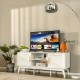 Mid-century modern TV stand in white featuring rattan doors, open shelving, and a large surface for stylish TV display.